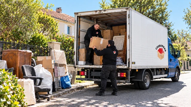 Deux équipiers chargeant des encombrants dans un camion C Débarras